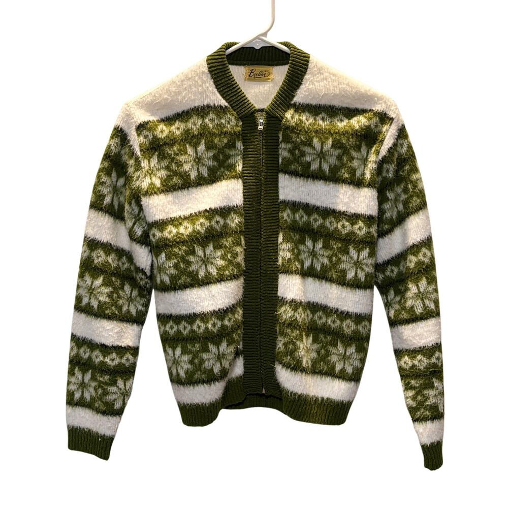 Vintage Beeline Cardigan Womens Sz 38 Medium Green Fair Isle Full Zip 60s 70s